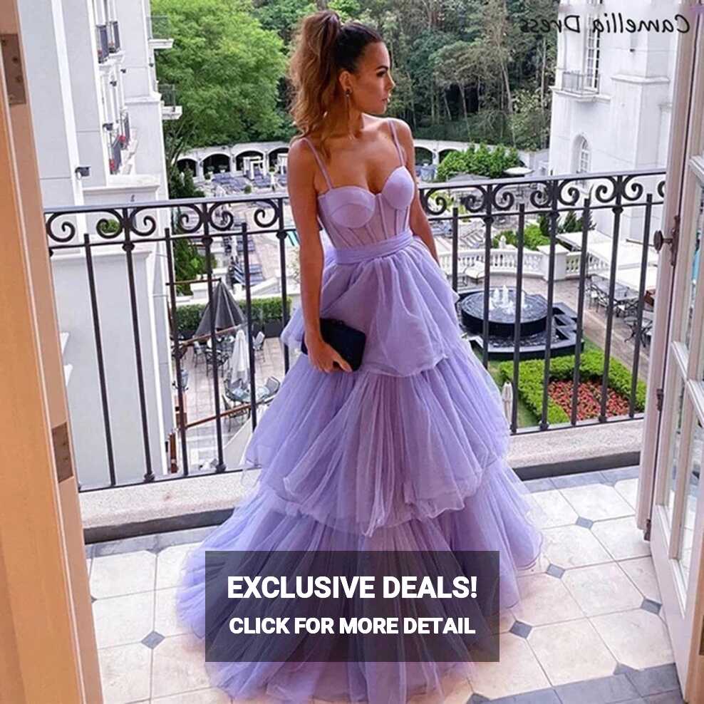 Lavender A Line Tulle Prom Dresses Layered Skirt Evening Gowns ...