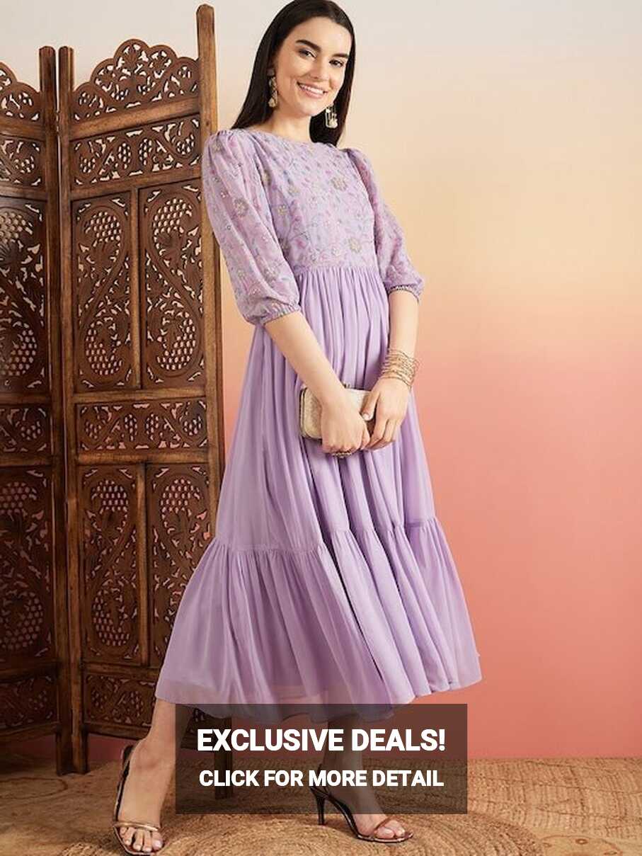 Lavender Floral Embroidered Flared Midi Ethnic Dresses – Inddus.com