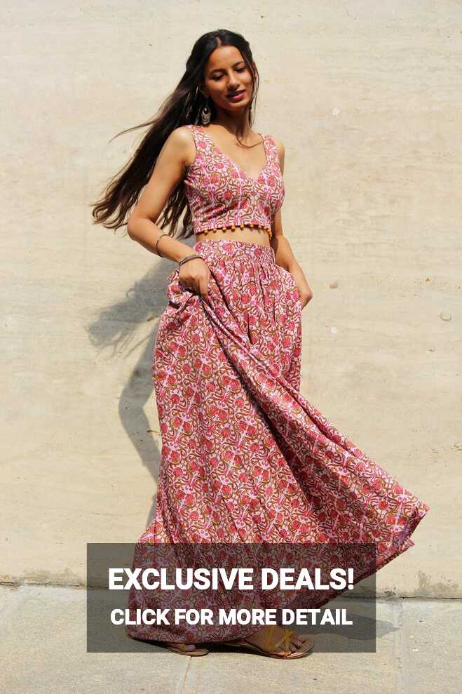 Lavender Floral Maxi Skirt and Top Set - Mogra Designs