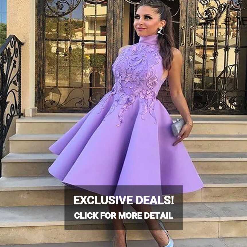 Lavender High Neck A Line Short Purple Prom Dress Elegant Knee ...