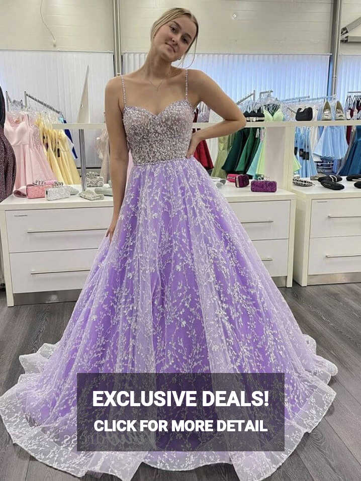 Lavender Lace Appliqued Prom Dresses Spaghetti Strap Formal Gown ...