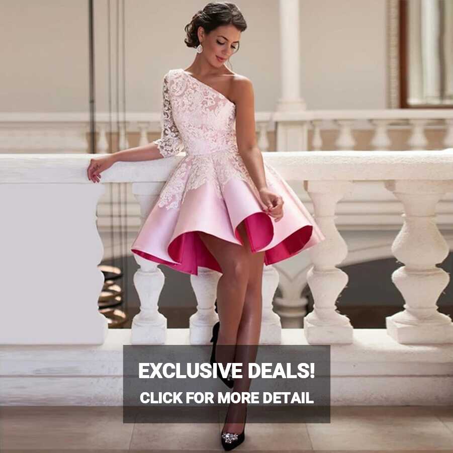 Laxsesu One Shoulder Short Prom Dress Elegant Pink Satin Pleated ...