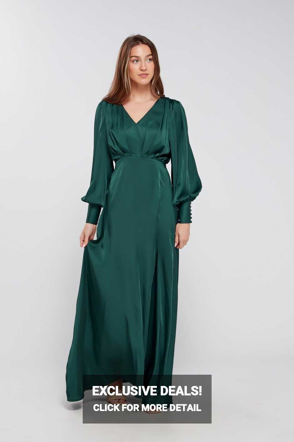 Layla Emerald Green Satin Maxi Dress With Long Sleeves - TAHLIRA