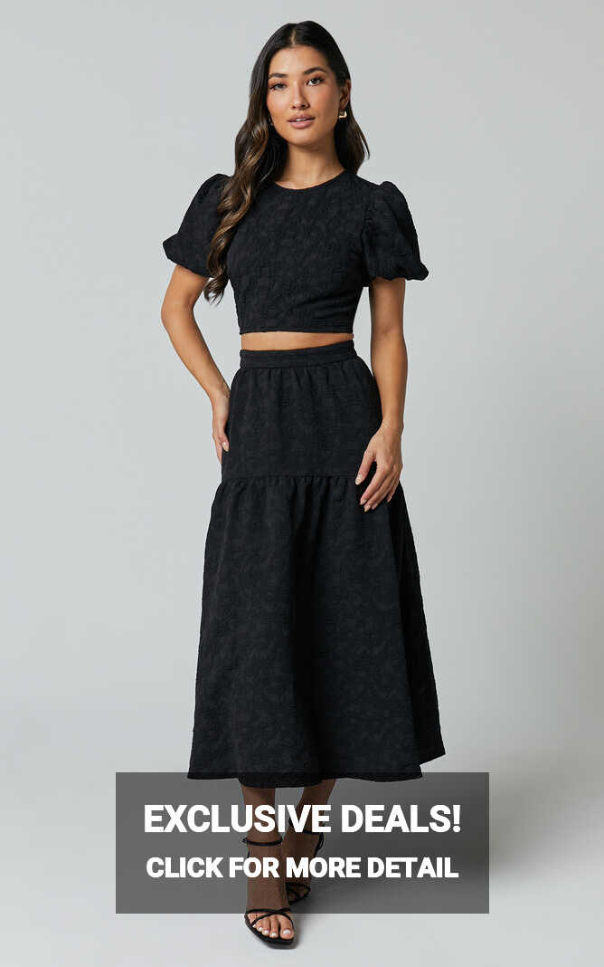 Leila Two Piece Set - Puff Sleeve Top and Midi Skirt Set in Black ...