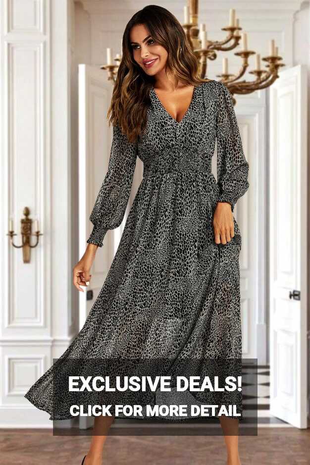 Leopard Print Long Sleeve Maxi Dress In Grey - Women from Yumi UK