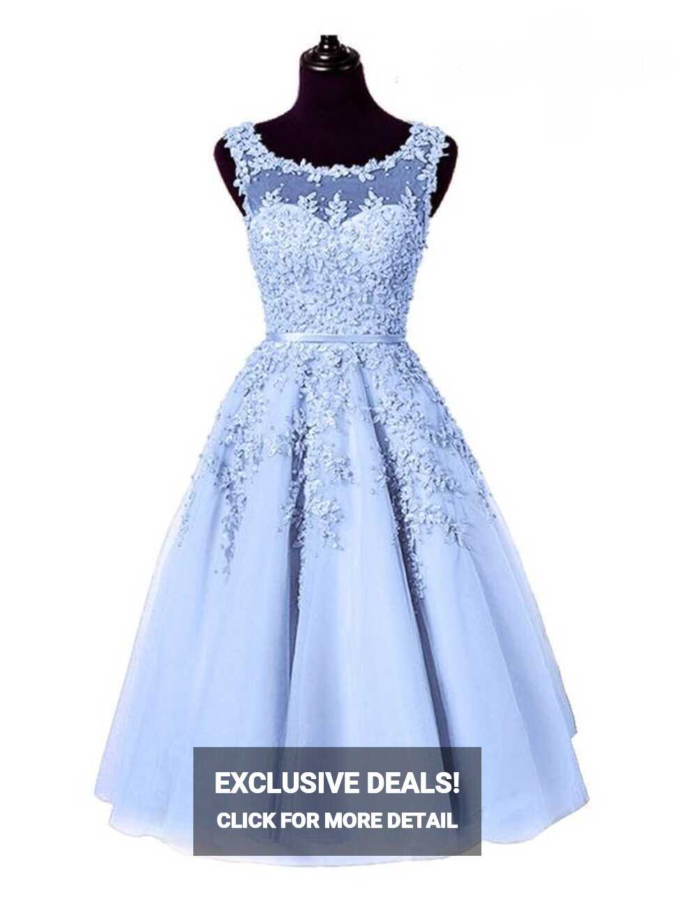 Light Blue Beaded Lace Appliques Knee Length Bridesmaid Dress ...