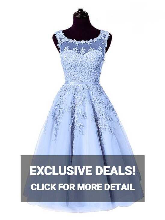 Light Blue Beaded Lace Appliques Knee Length Bridesmaid Dress