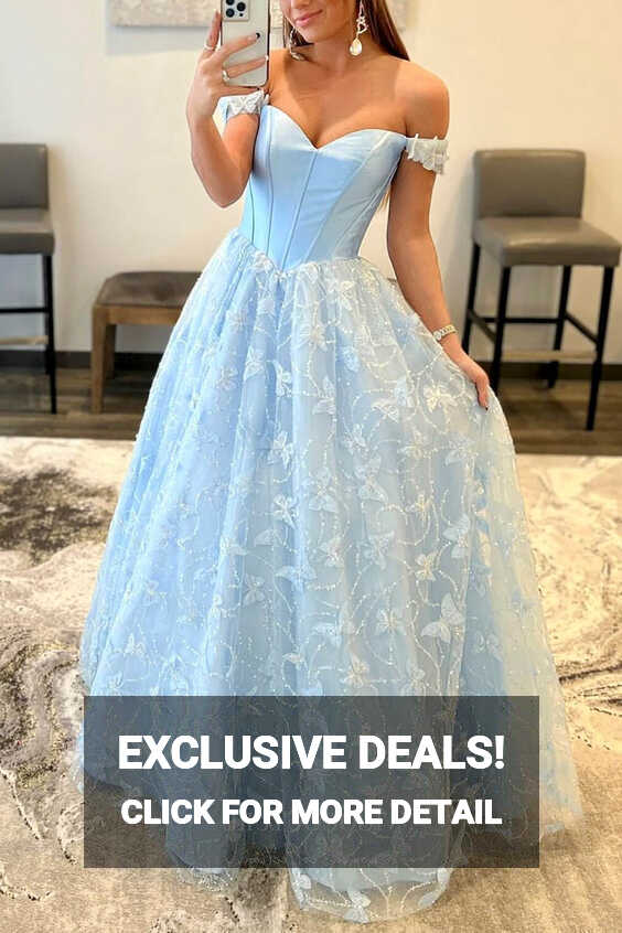 Light Blue Butterfly Lace Off-Shoulder Prom Dress with Sweetheart ...