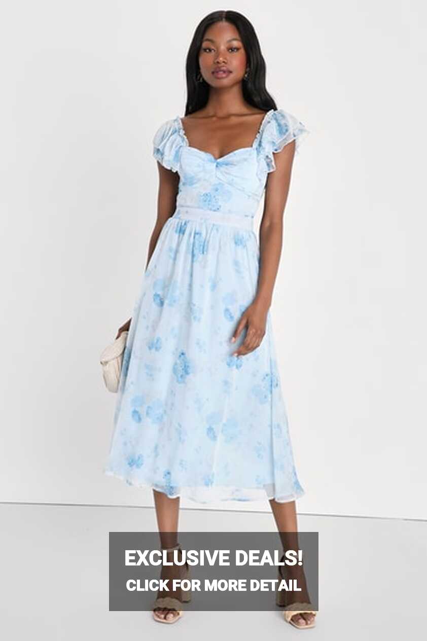 Light Blue Floral Dress - Ruffled Midi Dress - Tie-Back Dress - Lulus