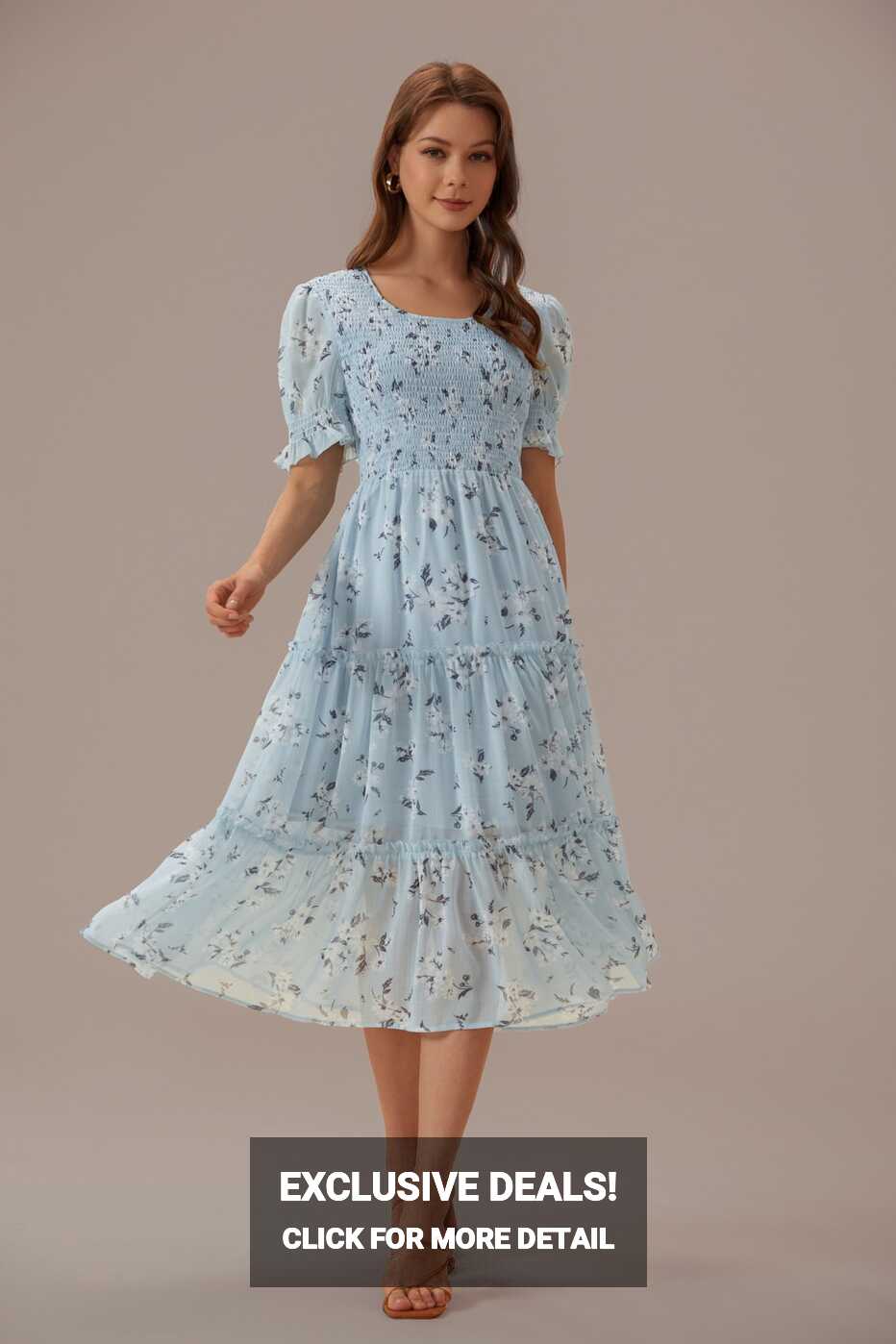 Light Blue Floral Short Sleeve Round Neck Midi Dress - Petallush