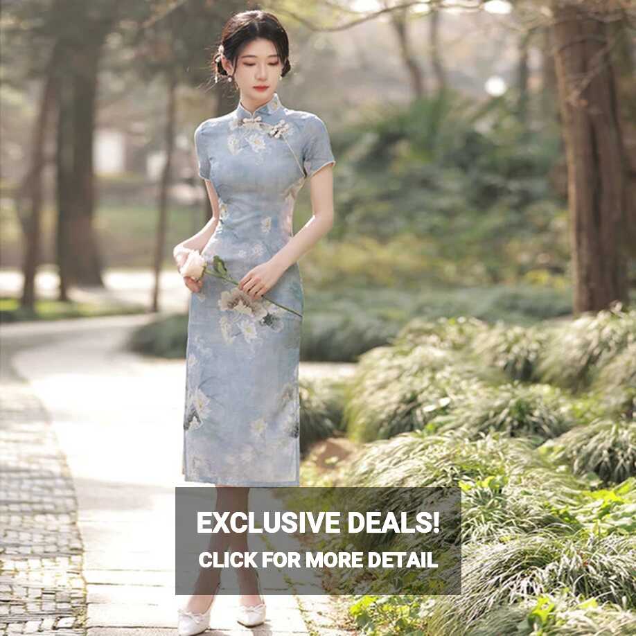 Light Blue Floral Vintage Women Modern Traditional Chinese Dress ...