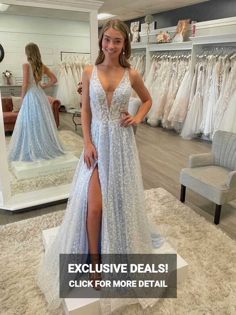 Light Blue Lace Applique Wedding Dresses With Slit Plunging V-Neck ...