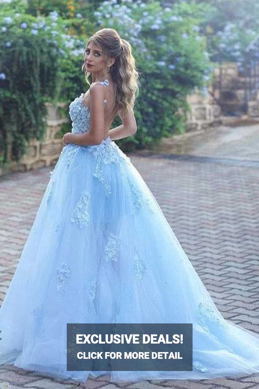 Light Blue Lace Appliques Ball Gown Prom Dress,Princess Prom Dress ...