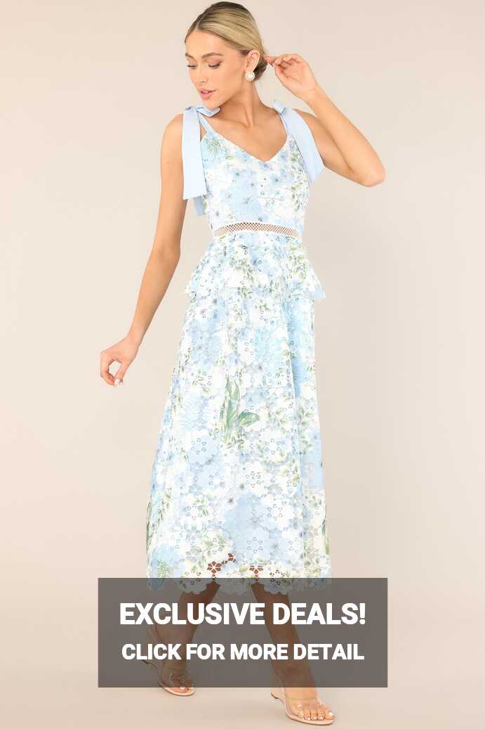 Light Blue Lace Floral Midi Dress - All Dresses | Red Dress