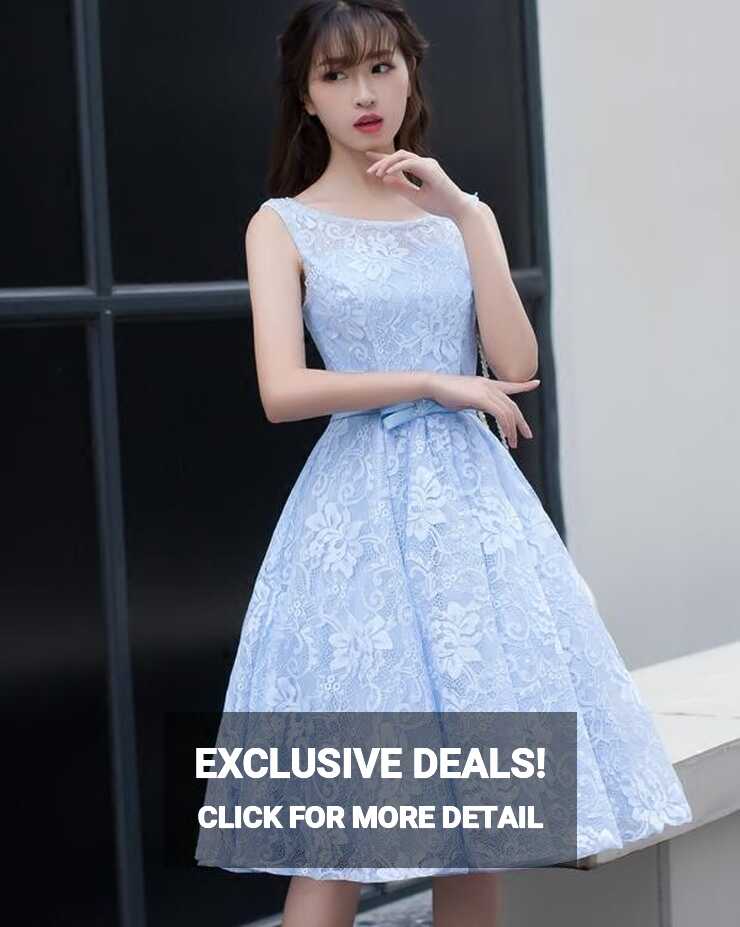 Light Blue Lace Knee Length Round Neckline Party Dress, Charming ...