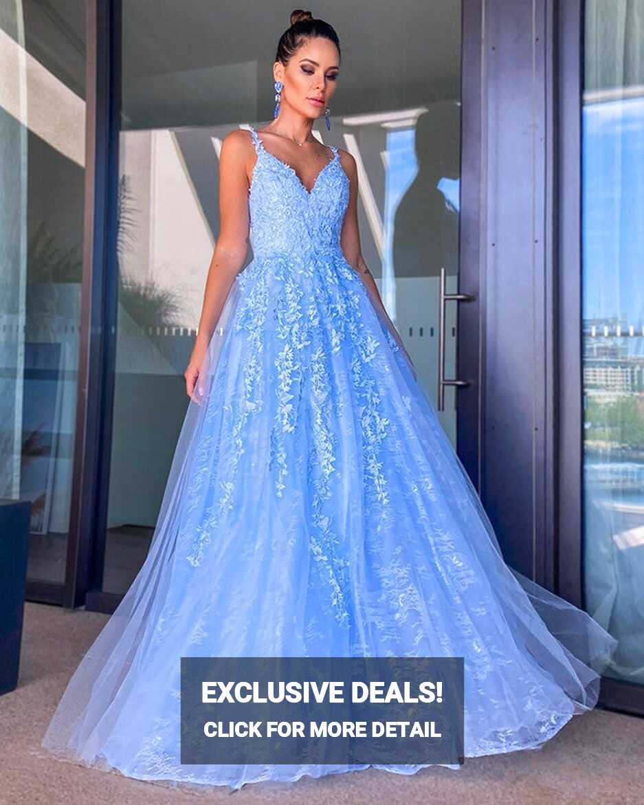 Light Blue Lace Prom Dresses Princess V Neck – alinanova