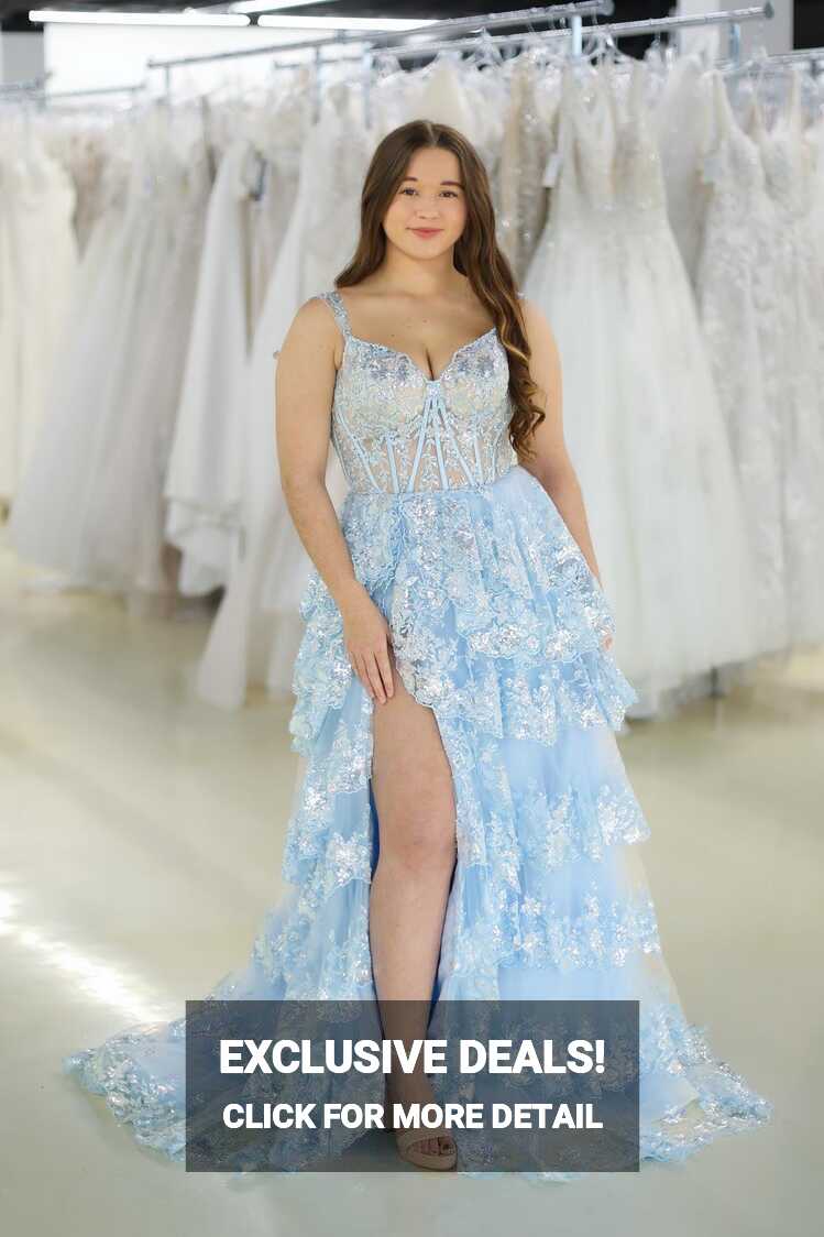 Light Blue Lace Sweetheart Tiered Long Prom Dress with Slit ...