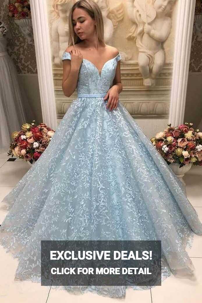 Light Blue Off The Shoulder Long Lace Prom Dress Princess Dress ...