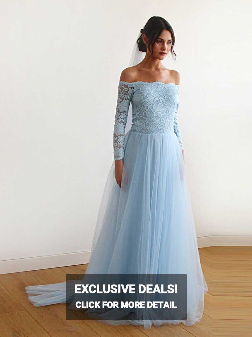 Light Blue Off-the-shoulder Dress Train ,pastel Wedding Dress 1162 ...