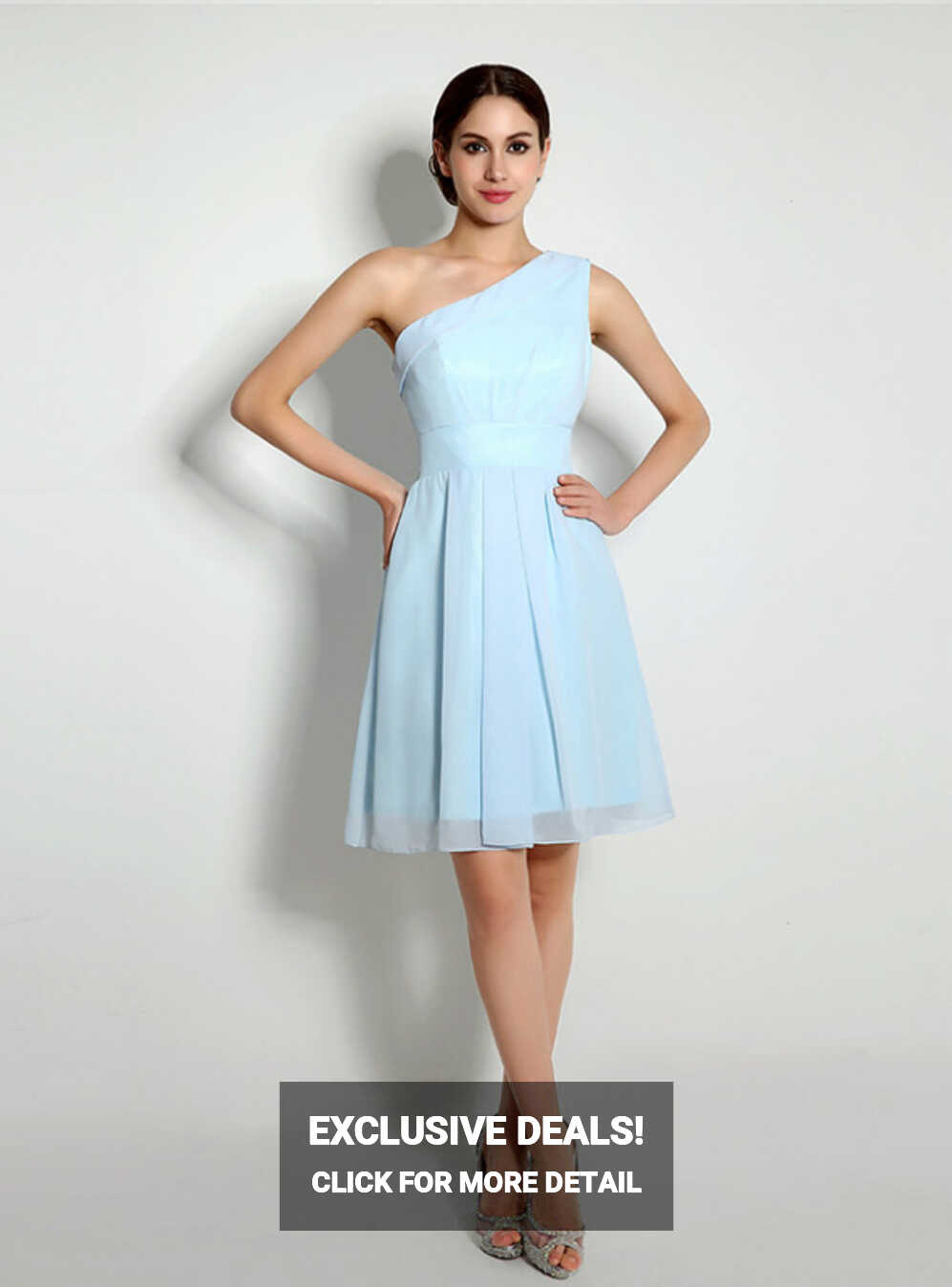 Light Blue One Shoulder Chiffon Knee Length Homecoming Dress