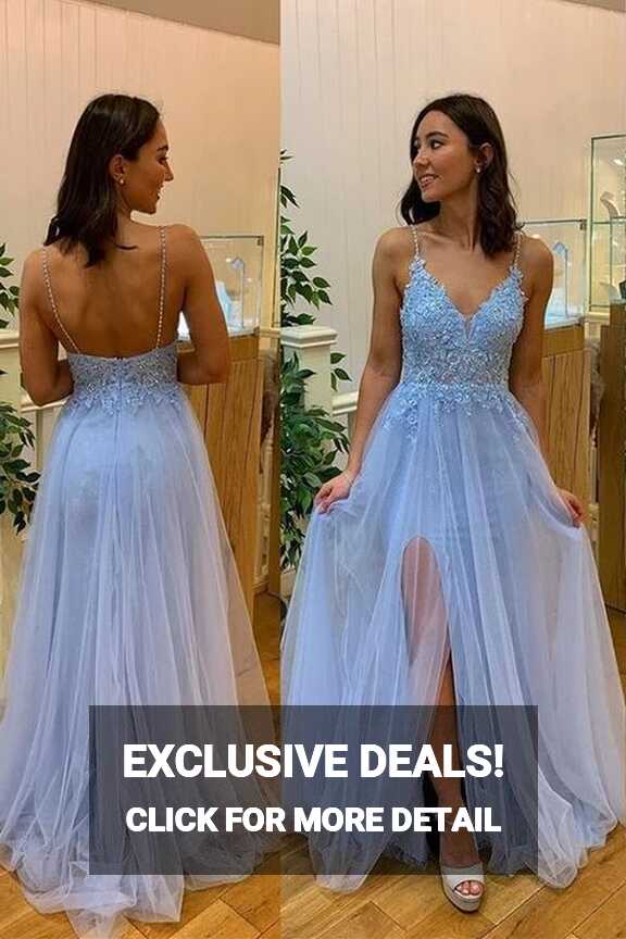 Light Blue Prom Dress 2023 Spaghetti Straps Tulle with Slit – DCdress