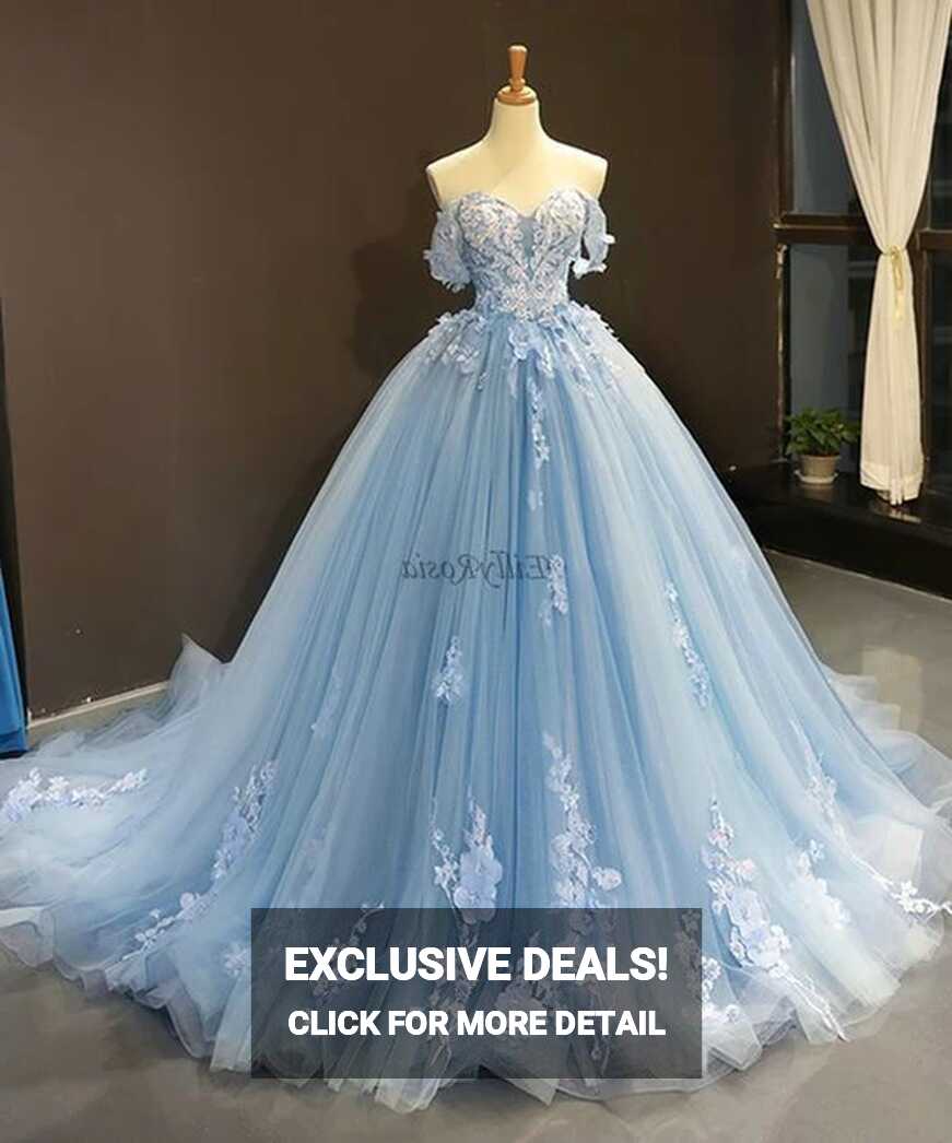 Light Blue Prom Dresses Ball Gown Off The Shoulder Lace Appliques ...