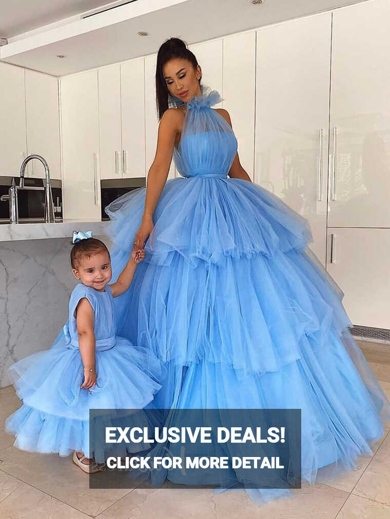 Light Blue Ruffle Tulle Prom Dresses Halter Neck Formal Gown ...