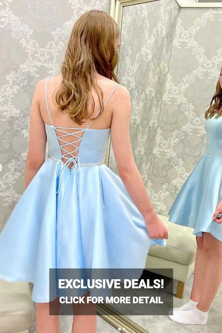 Light Blue Satin Beaded Cheap Homecoming Dresses MH562 | Musebridals