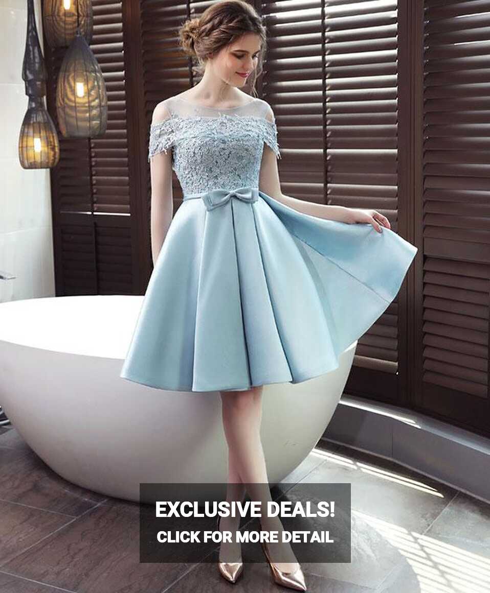 Light Blue Satin Lace Top Off Shoulder Homecoming Dress, Blue Prom ...