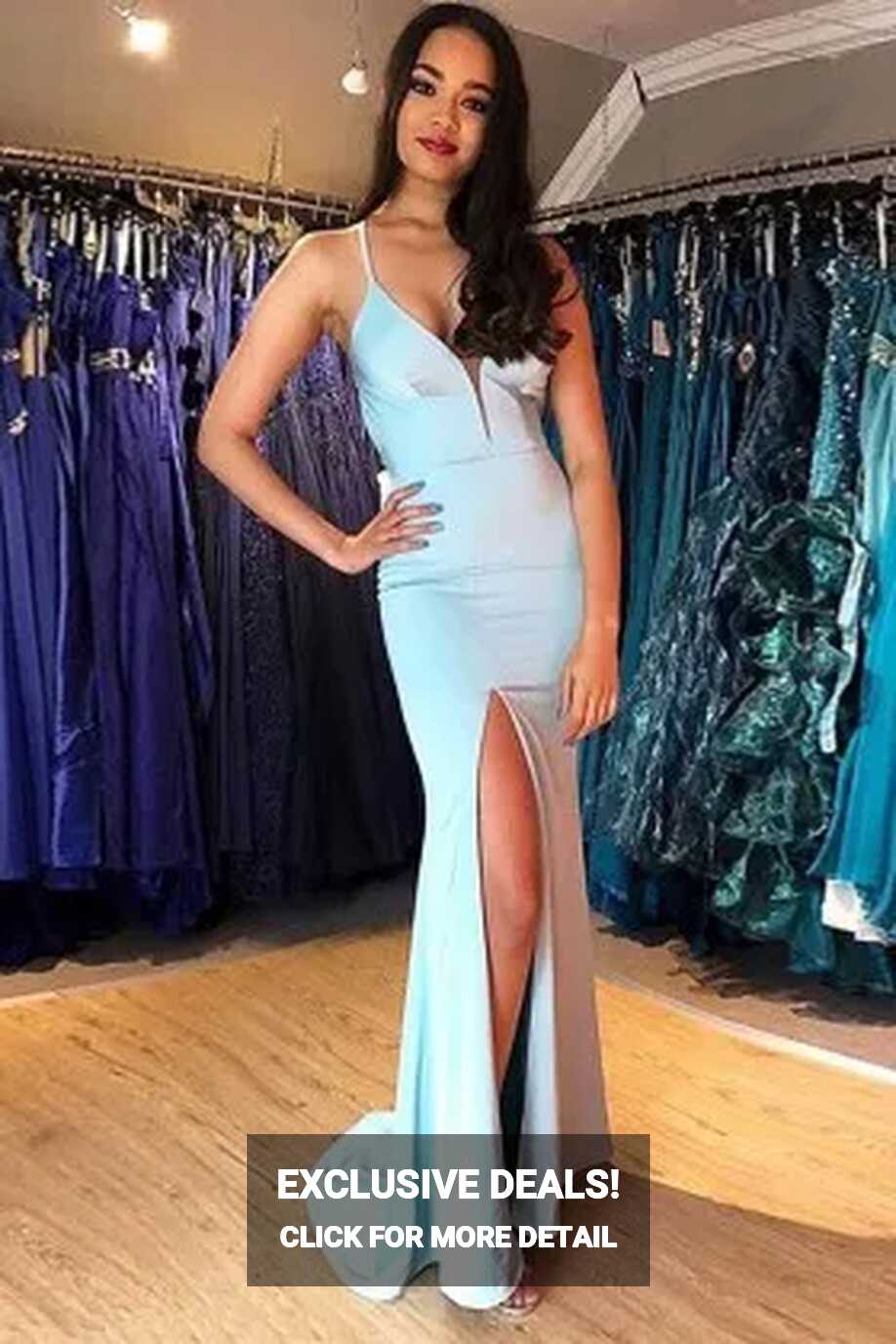 Light Blue Satin Sexy Split Slim Mermaid Prom Dress - Promfy