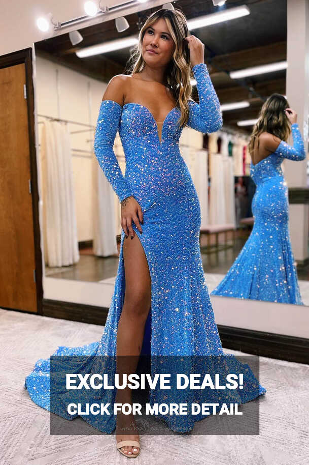 Light Blue Sequin Mermaid Long Sleeve Prom Dress with Sweetheart ...