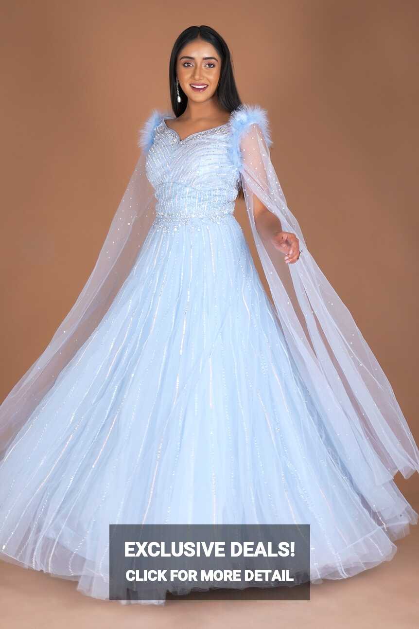 Light Blue Sequin and Cutdana Work Floor Length Gown in Net with ...