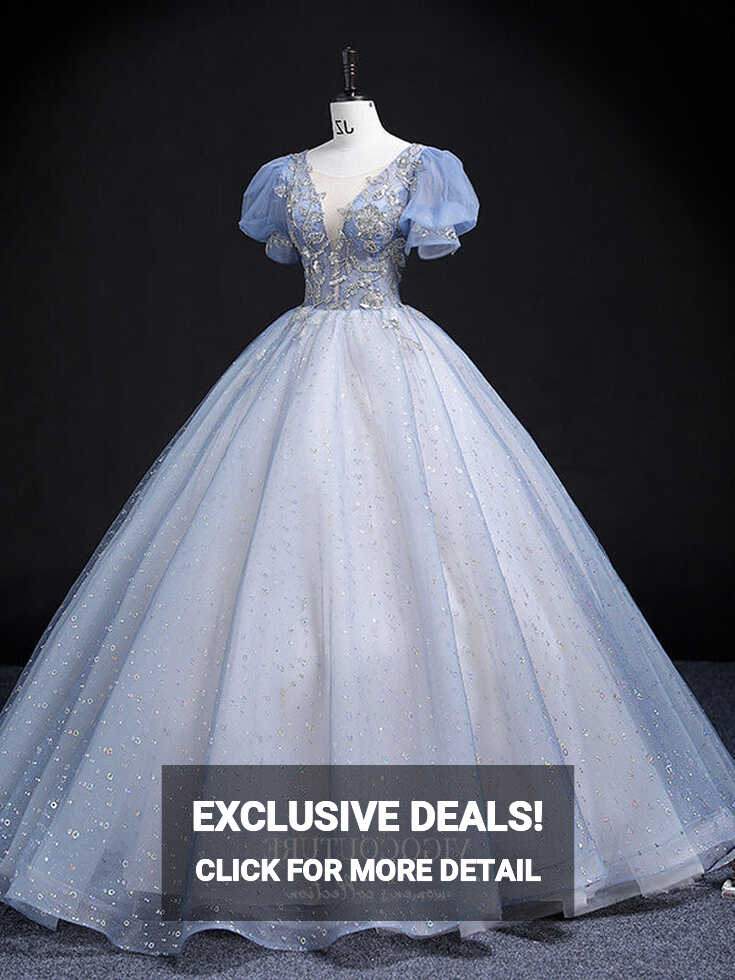 Light Blue Sparkly Tulle Prom Dresses Puffed Sleeve Princess ...