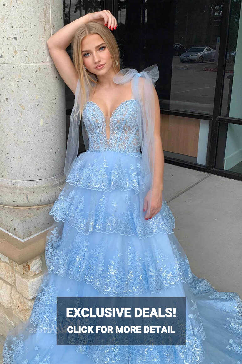 Light Blue Tiered Ruffle Prom Dresses Elegant Lace Ruffle Gowns ...