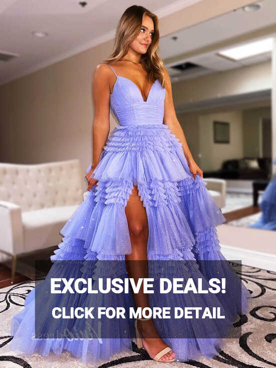 Light Blue Tiered Ruffle Tulle Prom Dresses with Slit FD2993 ...