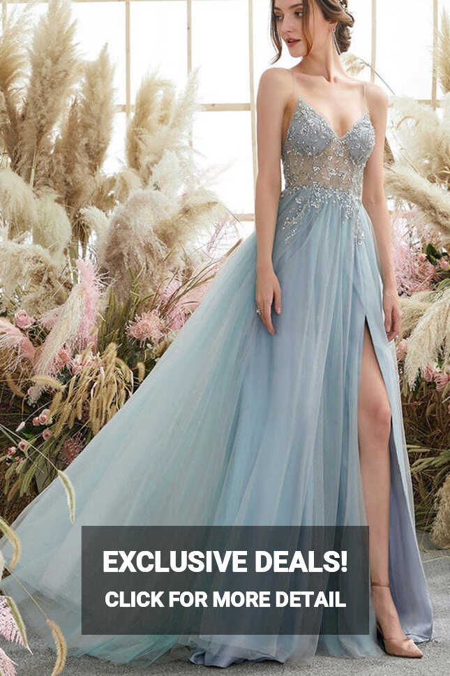 Light Blue Tulle A-line V-neck Beaded Prom Dresses MP658 | Musebridals