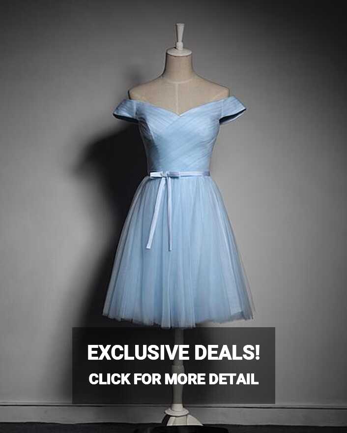 Light Blue Tulle Off Shoulder Knee Length Party Dress, Blue Party ...