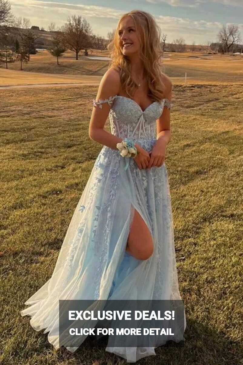 Light Blue Tulle Off Shoulder Long Prom Dresses With Lace ...