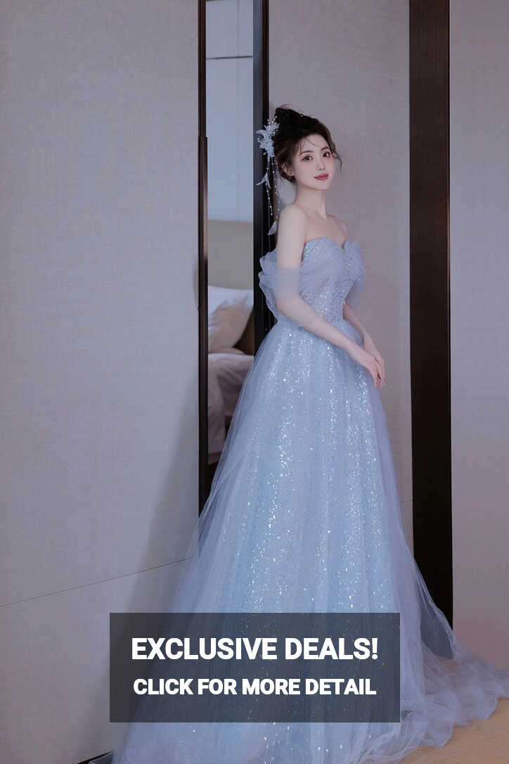 Light Blue Tulle Off Shoulder Party Dress, A-Line Sequins Blue Formal