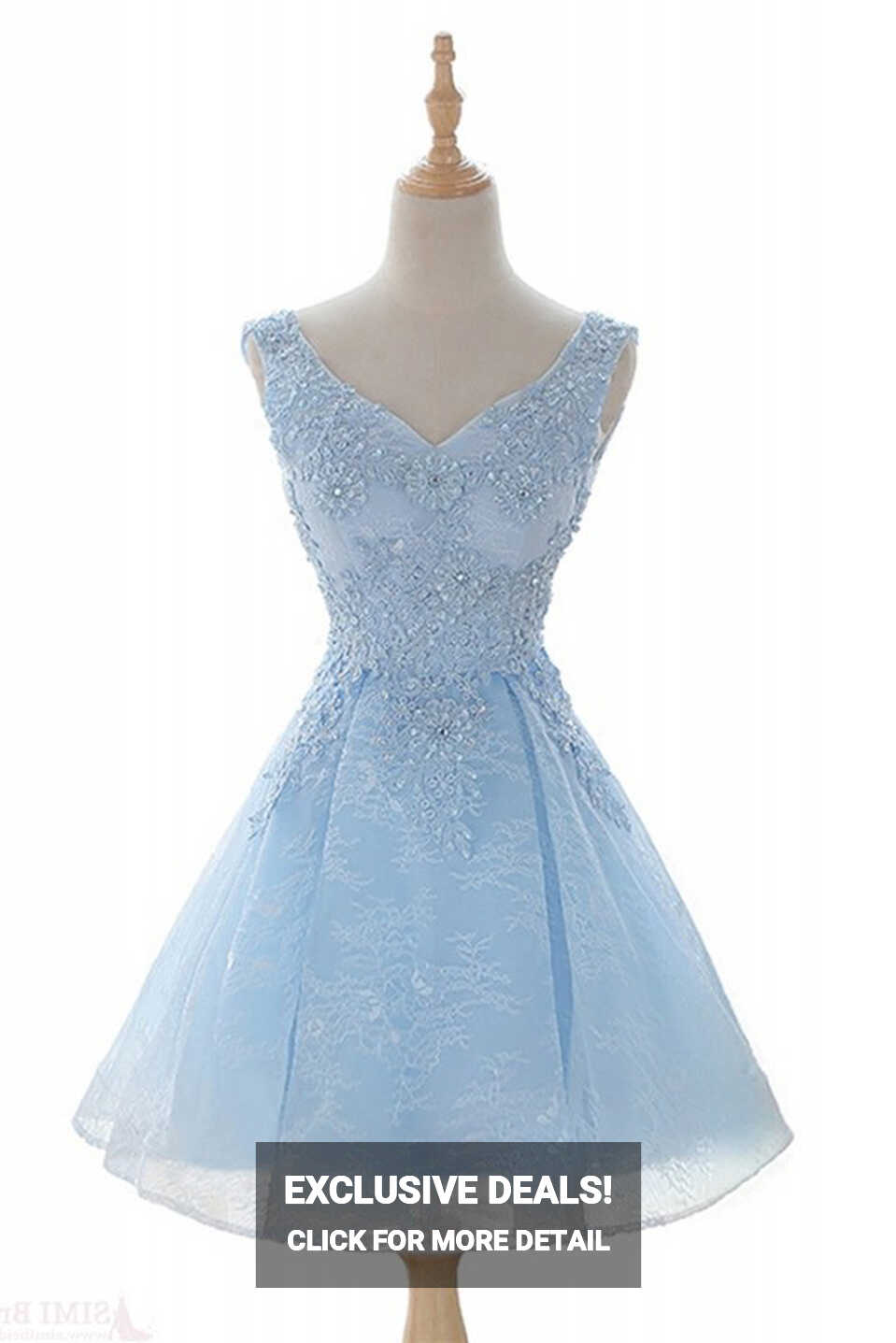 Light Blue V Neck Lace Homecoming Dresses, Short Sweet 16 Dress ...