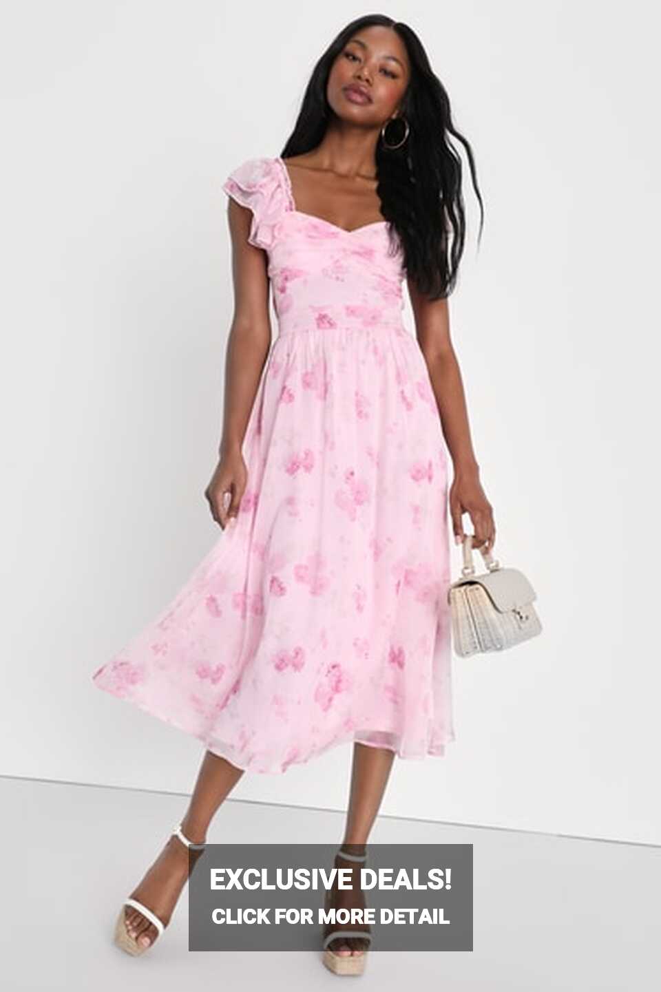 Light Pink Floral Dress - Ruffled Midi Dress - Tie-Back Dress - Lulus