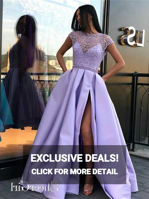 Lilac Long Prom Dresses with Slit Beaded See Through Cap Sleeve ...