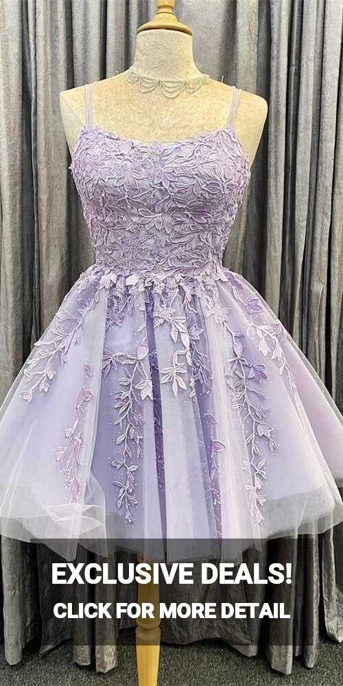 Lilac Prom Dresses Short Lace Applique Purple Homecoming Dresses ...