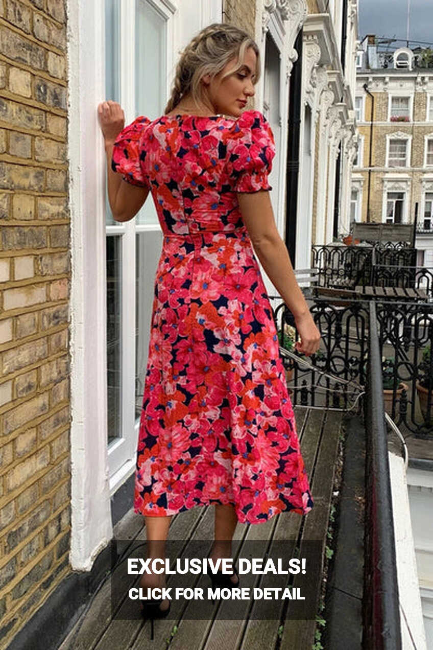 Lilian sweetheart neckline hot pink floral split midi dress – Deja ...