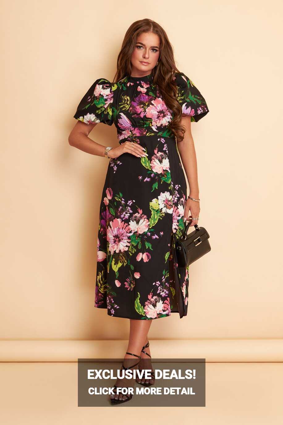 Lilith Black Floral Puff Sleeve High Neck Midi Dress – Girl In Mind