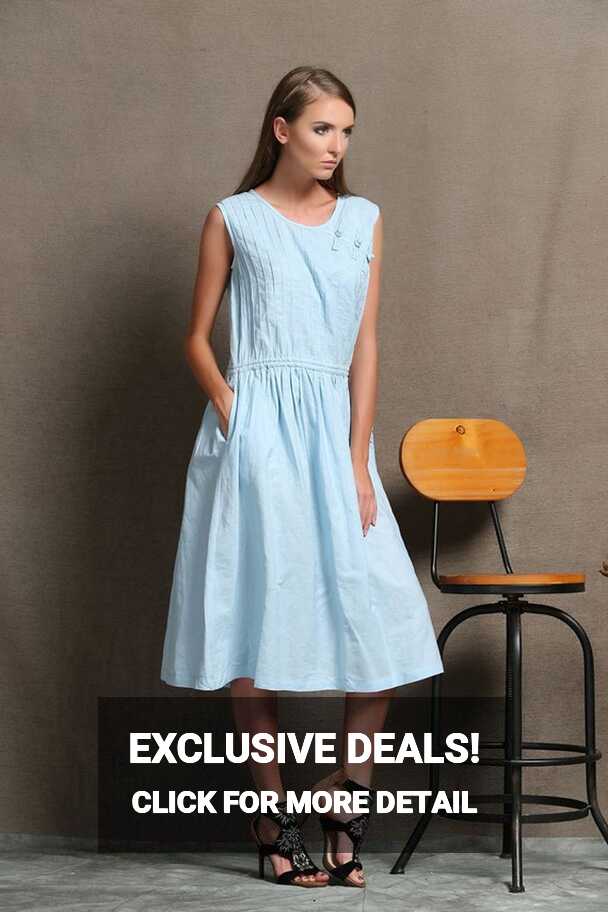 Linen Dress, Blue Dress, Plus Size Dress, Casual Dress, Powder ...