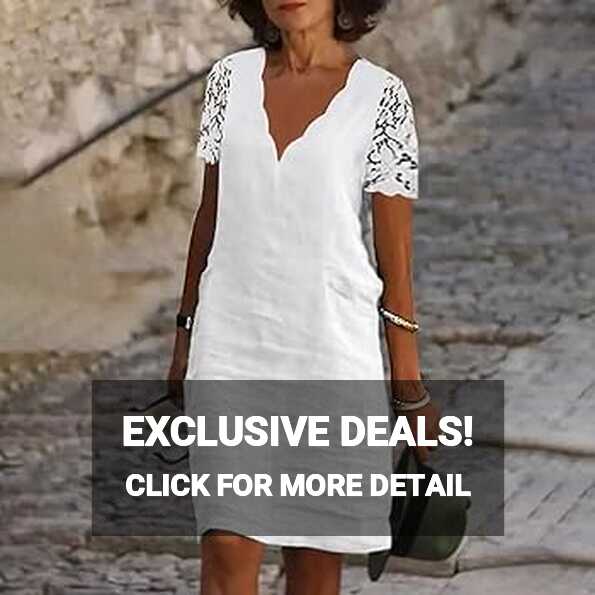 Linen Dress Women&#39;s Short Sleeve Summer Dress with Lace Boho Dress ...