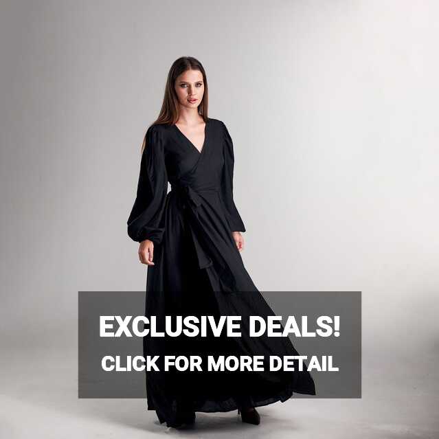 Linen Evening Black Dress, Linen Long Dress, Wrap Dress Maxi, V ...