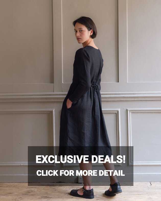 Linen Midi Dress with Long Sleeves in Black | Pyne &amp; Smith