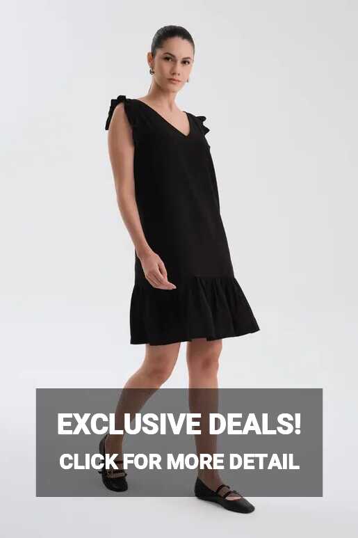 Linen V-Neck Ruffle Sleeve Dress - Black | Dress